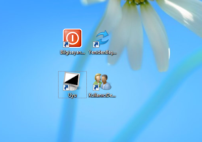 Windows 8 de başlangıç ekranına yeniden başlat,bilgisayarı kapat ,uyku modu gibi kısayol düğmeleri ekleme