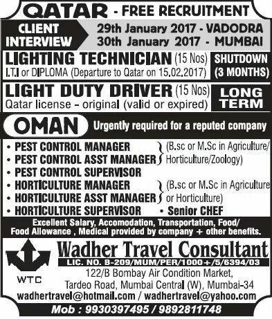 Qatar and Oman Job Vacancies from Wadher Travel Consultant