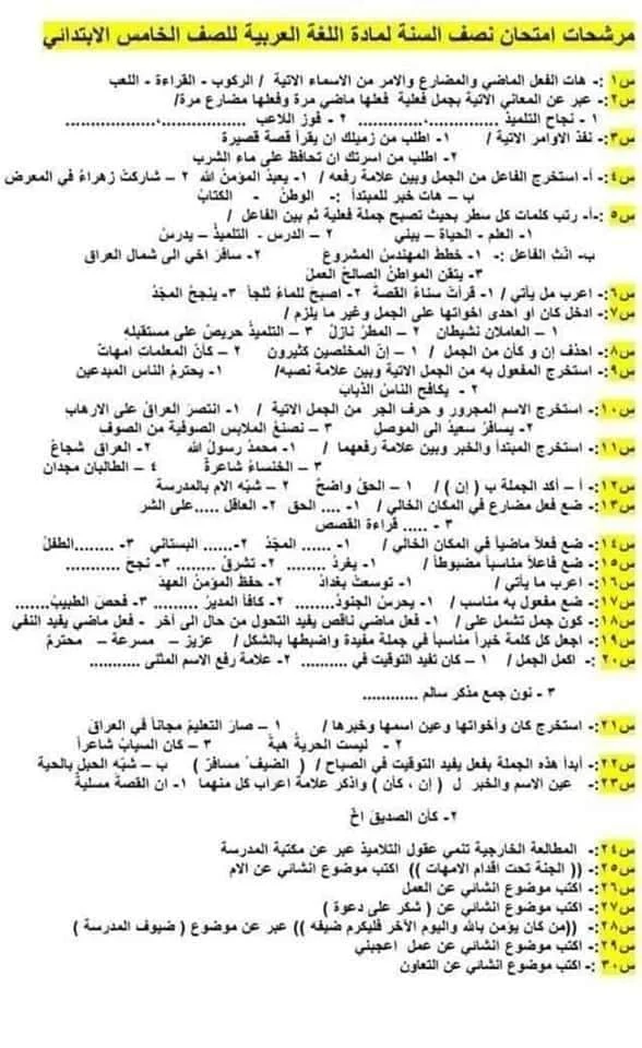 مرشحات نصف السنه مادة قواعد العربي للسادس ابتدائي
