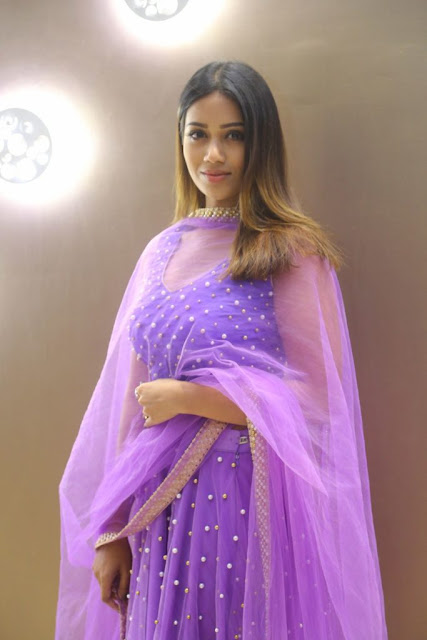 Nivetha Pethuraj in Purple Netted Ghagra