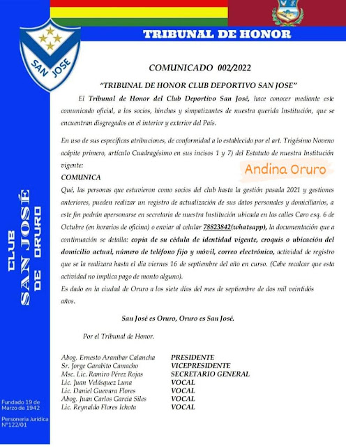 Comunicado Tribunal de Honor de San Jose