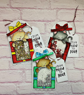 Fiki's shaker tags feature Newton's Gift by Newton's Nook Designs; #inkypaws, #newtonsnook, #catcards, #cardmaking, #holidaycards, #christmascards
