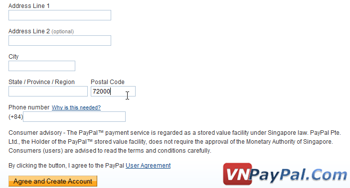 Thông tin điền vào tài khoản PayPal