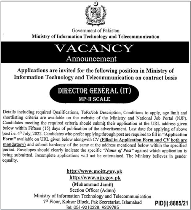 Latest Ministry of Information Technology & Telecommunication MOIT Admin Clerical Posts Islamabad 2022