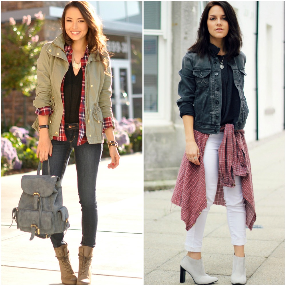 university outfit ideas - plaid tartan shirts - white skinny jeans - heeled ankle boots - dark wash denim jacket - khaki utility jacket - street style fashion blogger looks