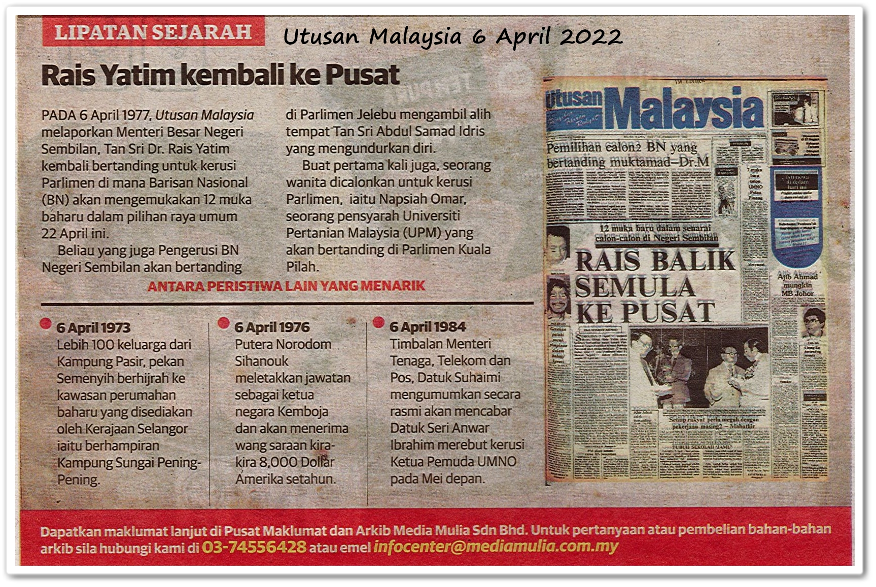 Lipatan sejarah 6 April - Keratan akhbar Utusan Malaysia 6 April 2022