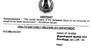 G.O.(Ms) No:331 - Dated: 07.10.2023 - Organ donation - உறுப்பு தானம் செய்பவர்கள் இறப்பிற்கு மாநில அரசின் சார்பில் மரியாதை செலுத்துதல் - வழிகாட்டுதல்கள் வழங்கி அரசாணை வெளியீடு