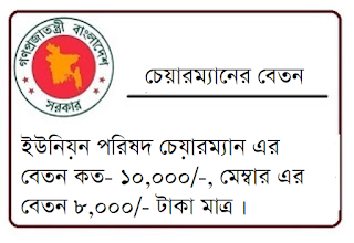 ইউনিয়ন পরিষদ চেয়ারম্যান এর বেতন কত- ১০,০০০/-, মেম্বার এর বেতন ৮,০০০/- টাকা মাত্র । Salary of UP Chairman and Member