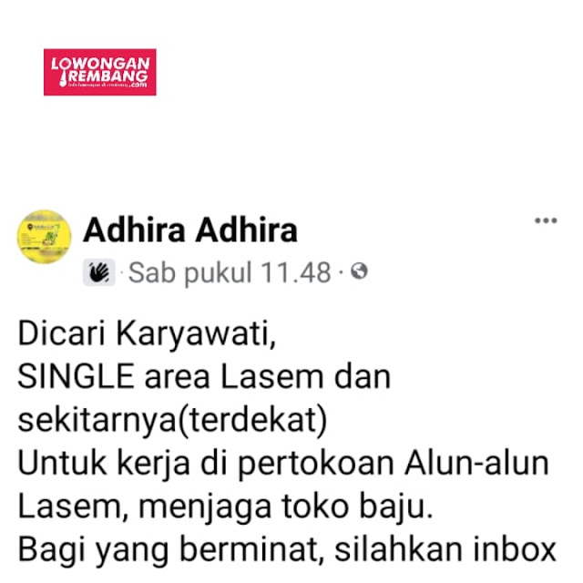 Lowongan Kerja Pegawai Jaga Toko Baju Adhira Adhira Rembang Tanpa Syarat Ijazah
