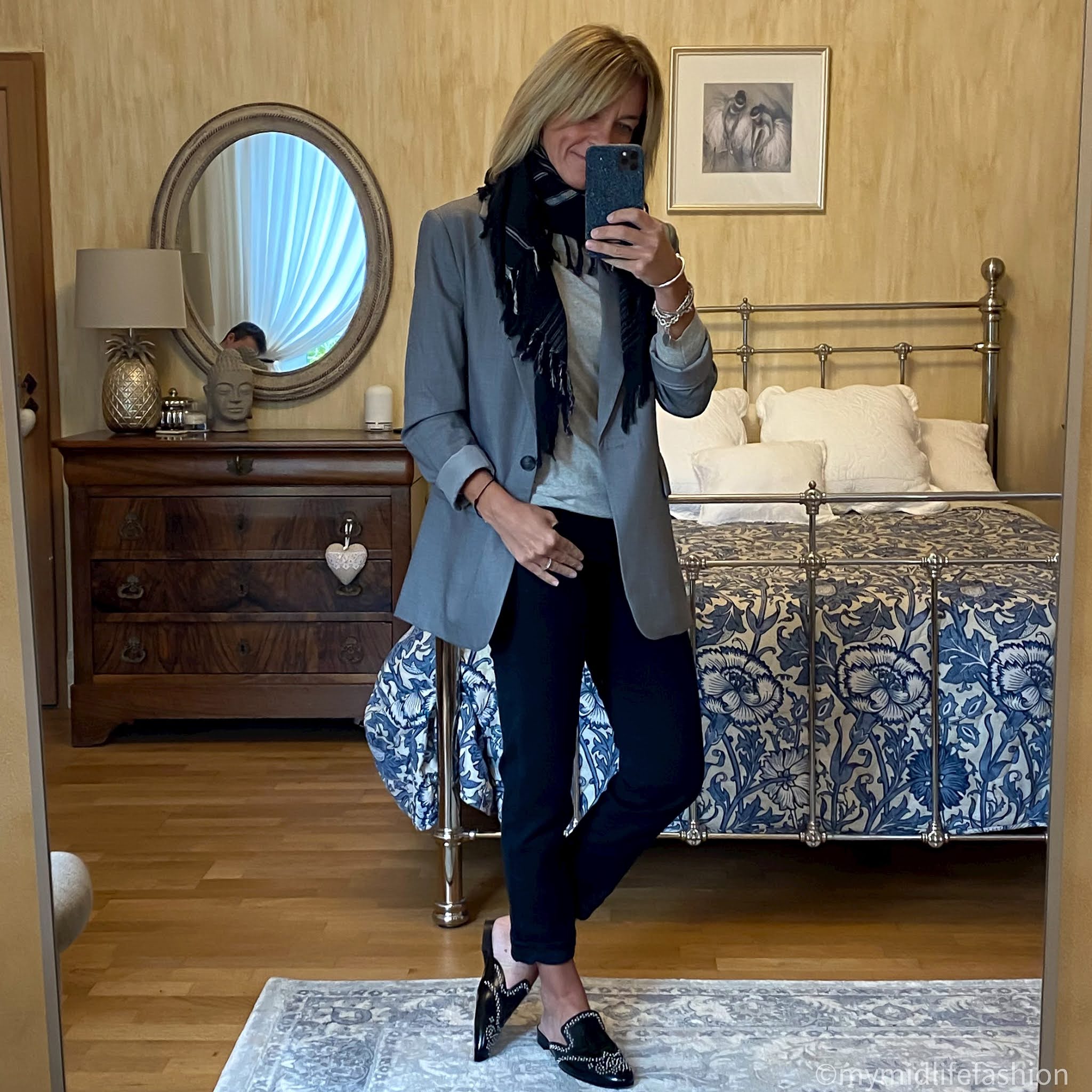 my midlife fashion, h and m oversized blazer, j crew tipping sweater, Isabel Marant Etoile scarf, baukjen the girlfriend jean, j crew studded mules