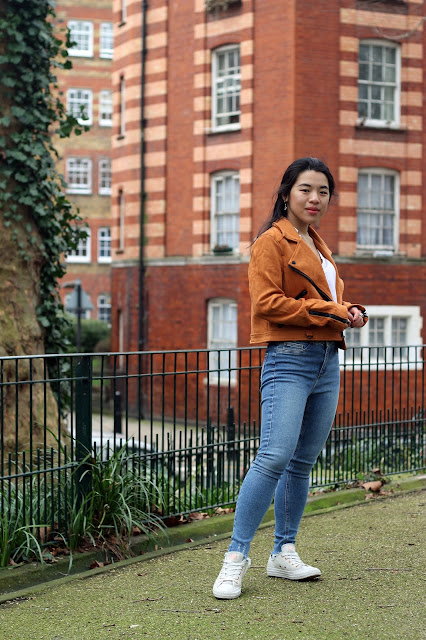 Orange suede jacket outfit