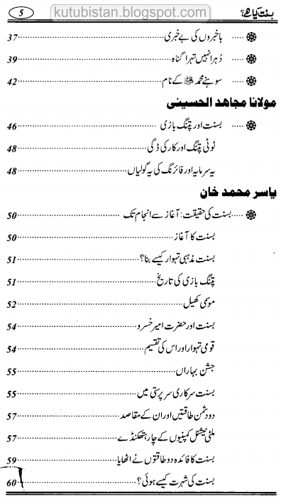 Contents of the Basant Kia Hai Pdf Urdu Book