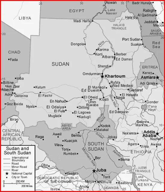 image: Black and white Sudan and South Sudan Map