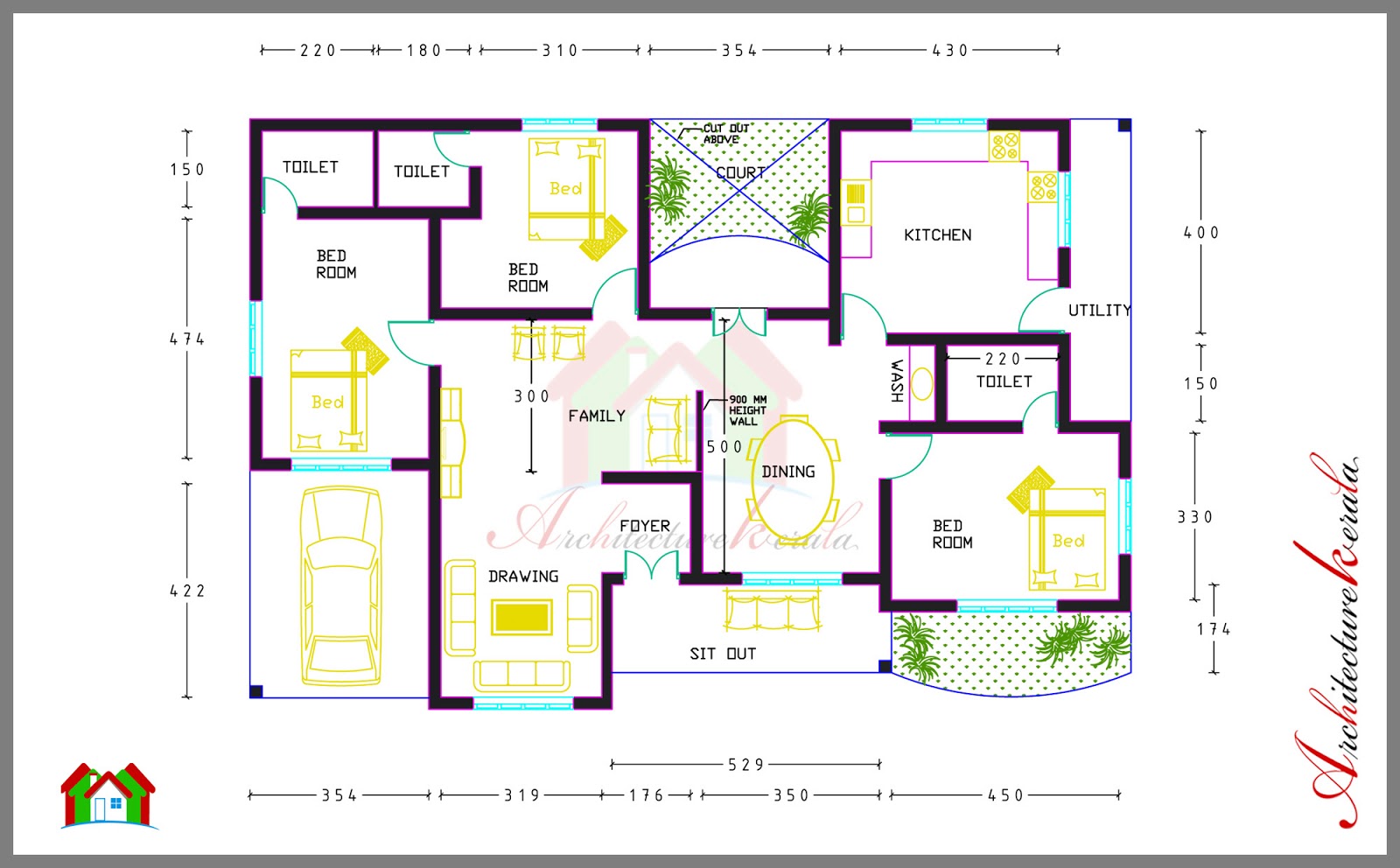  3  BED ROOM  HOUSE  PLAN  WITH ROOM DIMENSIONS  ARCHITECTURE 