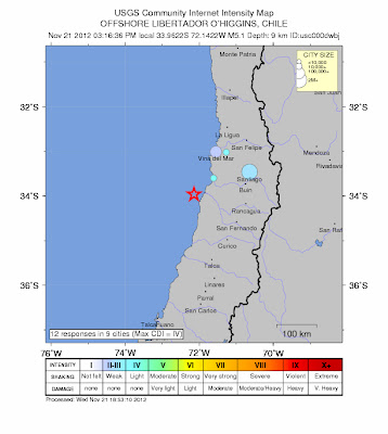 Epicentro sismo 5,1 grados en Chile, 21 de Noviembre 2012