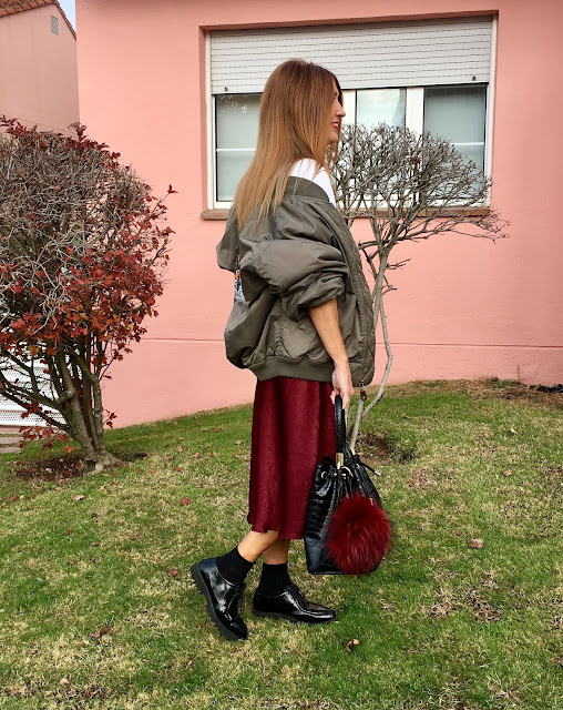 JustFab, Burgundy, Vestido Lencero, Bolso Saco, Bomber, Street Style, Cool, Shopping, Carmen Hummer