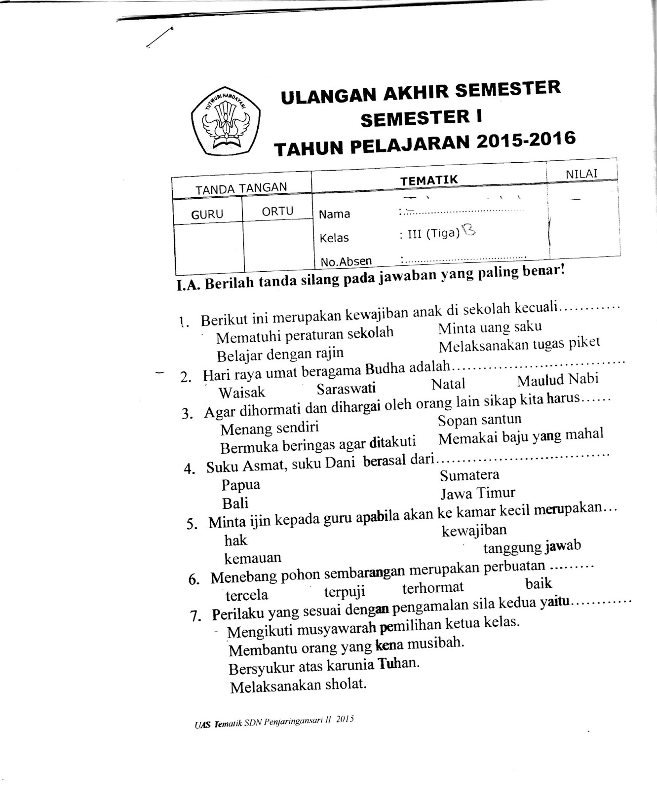 UAS Tematik SD Kelas 3 Semester Ganjil TA 2015 2016 Kurikulum 2013