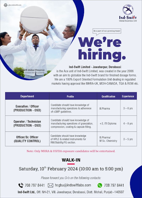 Ind-Swift Limited Walk In Interview For Production and Quality Control OSD