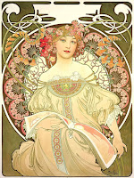 Daydream c.1897, with original title Rêverie by Alphonse Mucha (Alfons Mucha) is an Art Nouveau portrait of a beautiful lady.