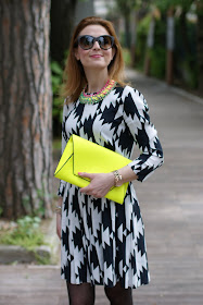 Asos black and white dress, Zara yellow clutch