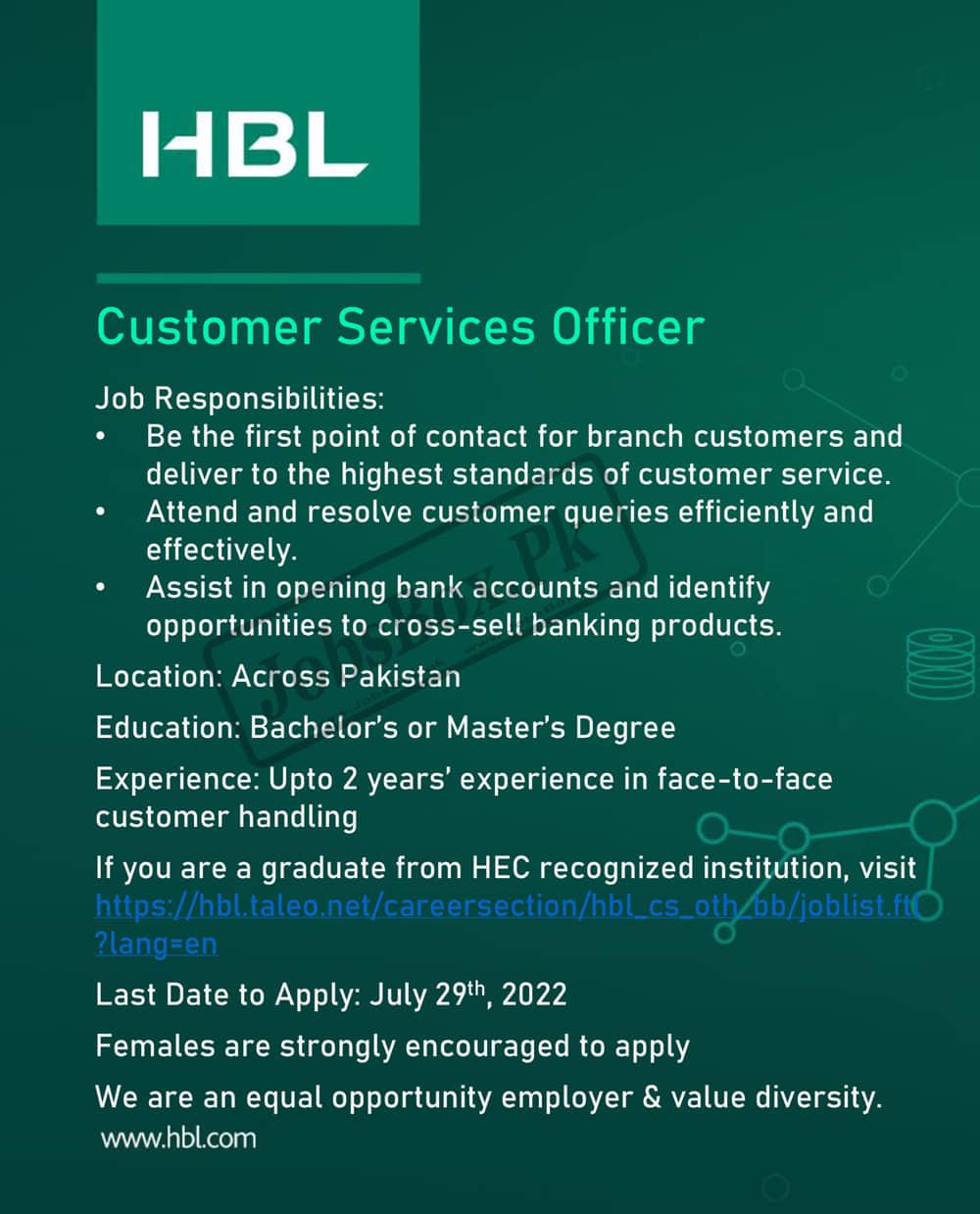 HBL Bank jobs Advertisement 2022