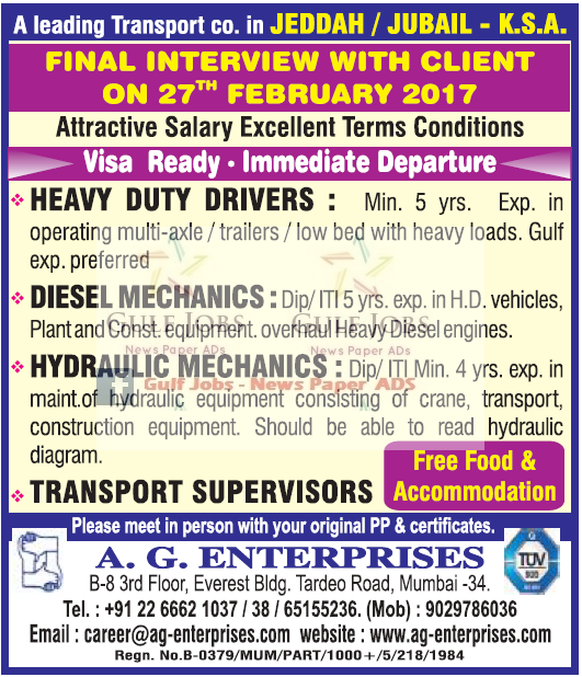 Leading transport company Jobs for KSA - Free Food & Accommodation