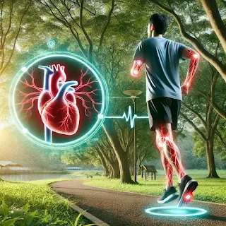 A person jogging in nature with a glowing effect around their blood vessels, symbolizing improved circulation and nitric oxide production in a scenic park.