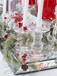 glass candleholders mirrored tray Christmas table