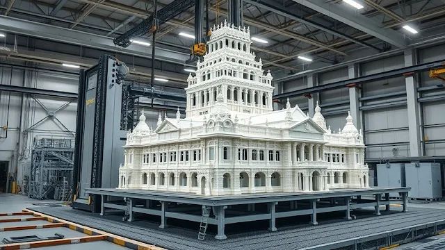 Industrial 3D printer building a large architectural component in a modern facility.