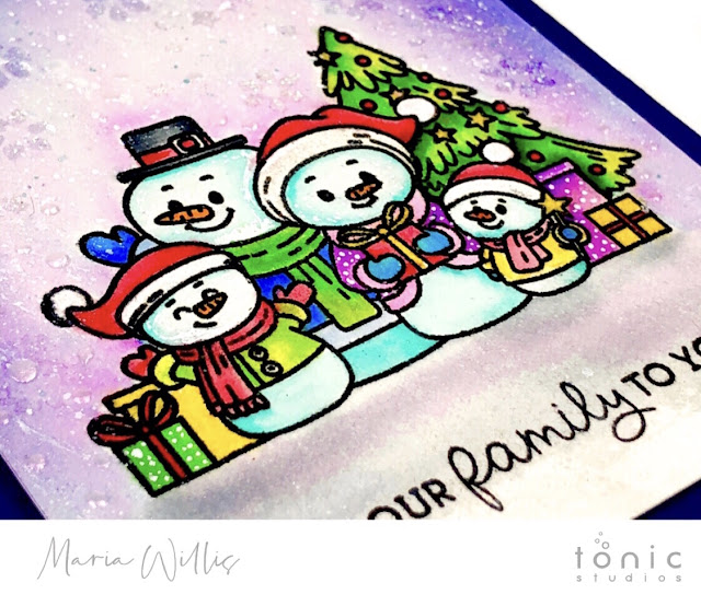 #cardbomb, #maria willis, #tonicstudios, #tonicstudiosusa, #nuvo, #tonicwonderfulwishes, #christmas, #cards, #handmade, #handmadecards, #stamp, #ink, #paper, #papercraft, #craft, #create, #color, #watercolor, #snowman, 