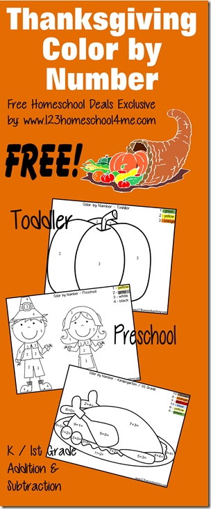 FREE Thanksgiving Color by Number - These kindergarten worksheets and preschool worksheets are a fun math activity. These math worksheets for kids are great for practicing numbers, addition and subtraction. 