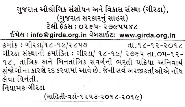 GIRDA, Vadodara Important Notification regarding cancellation of Recruitment Drive