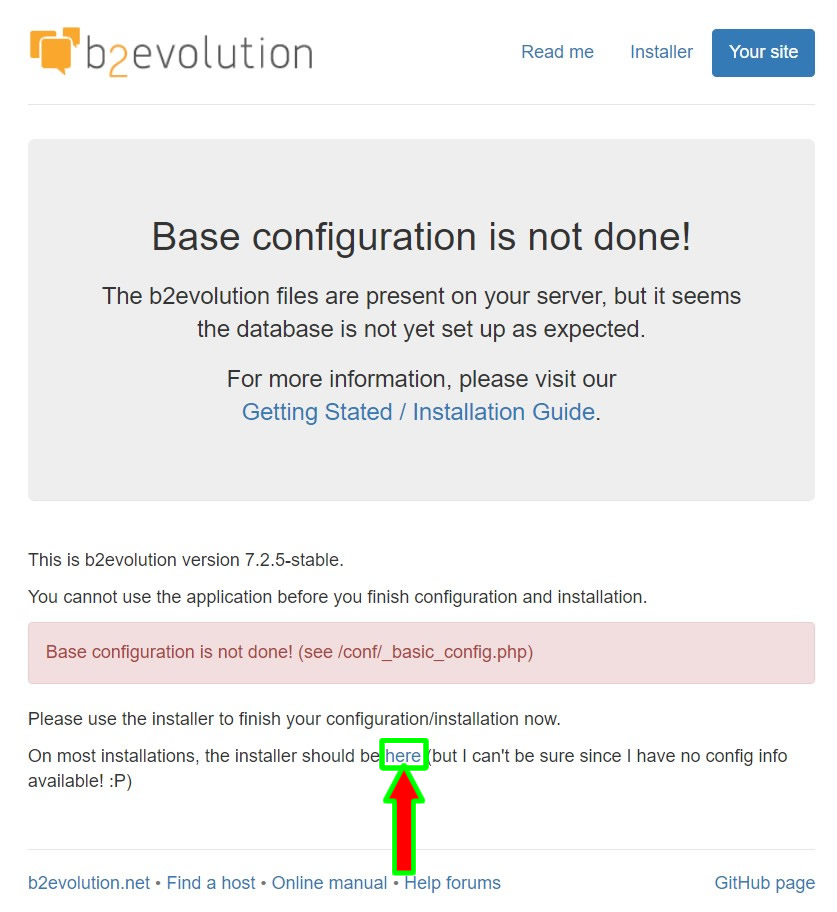 b2evolution installation welcome page