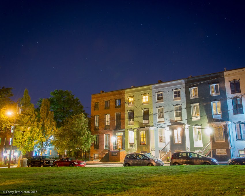 Portland, Maine USA September 2017 photo by photographer Corey Templeton. Urban stargazing in front of the rowhouses at Stratton Place in the West End.