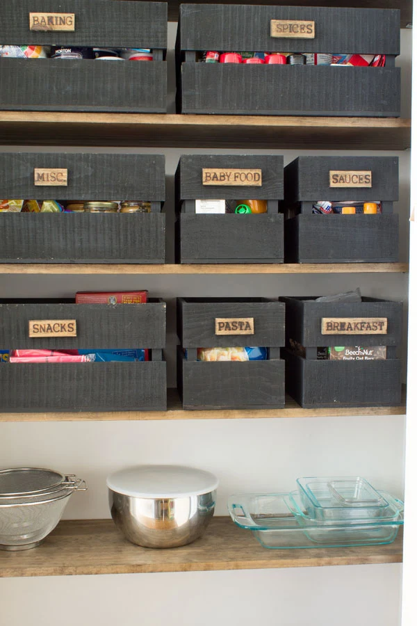 How to organize a small pantry. Get modern farmhouse style with DIY wood burned food storage crates.