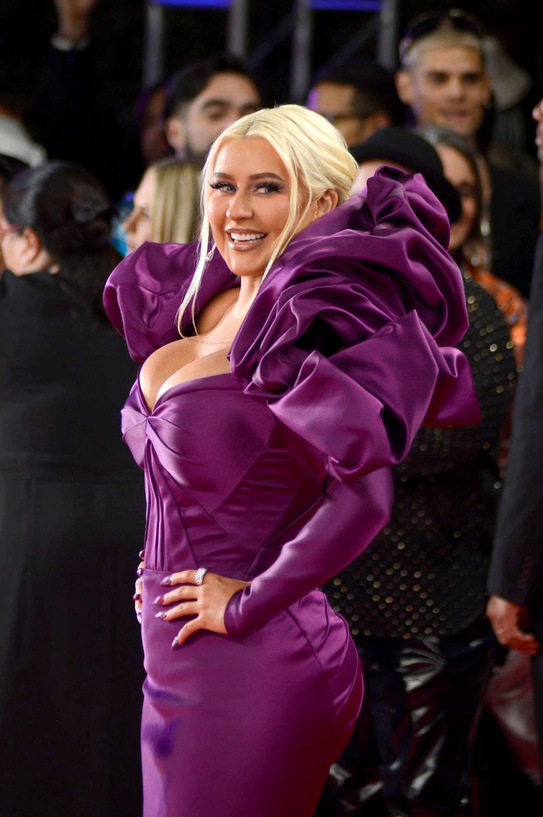 Christina Aguilera In Purple Gown With Dramatic Ruffled Collar & Invisible Heels at Latin Grammy Awards 2022