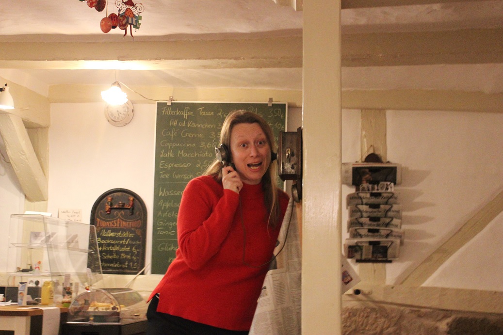 retrotelefon v kavárně v Quedlinburgu