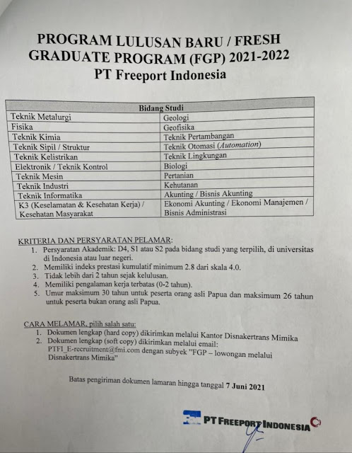 PT Freport Indonesia Membuka Program Lulusan Baru/Fresh Graduate Program (FGP) 2021-2022