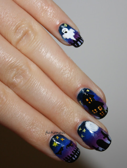 Spooky Halloween Haunted House Graveyard nail art