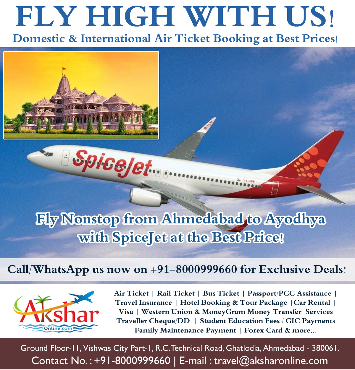 🛫✨ Exciting Announcement! Fly Nonstop from Ahmedabad to Ayodhya with SpiceJet at the Best Price! 🎉 Don't miss out on this fantastic opportunity to explore the sacred city hassle-free! Book your tickets now! Simply give us a call at +91-8000999660. #SpiceJet #NonstopAyodhya #AyodhyaFlight #AhmedabadToAyodhya #TravelGoals ✈️🕌,    Air travel Nonstop flights Ahmedabad Ayodhya SpiceJet Best price Hassle-free travel Sacred city Explore Booking Call now Travel deals Adventure Convenience Flight experience Travel goals Journey Destination Excitement Cultural exploration,