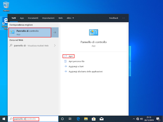 Windows 10, Apertura Pannello di controllo