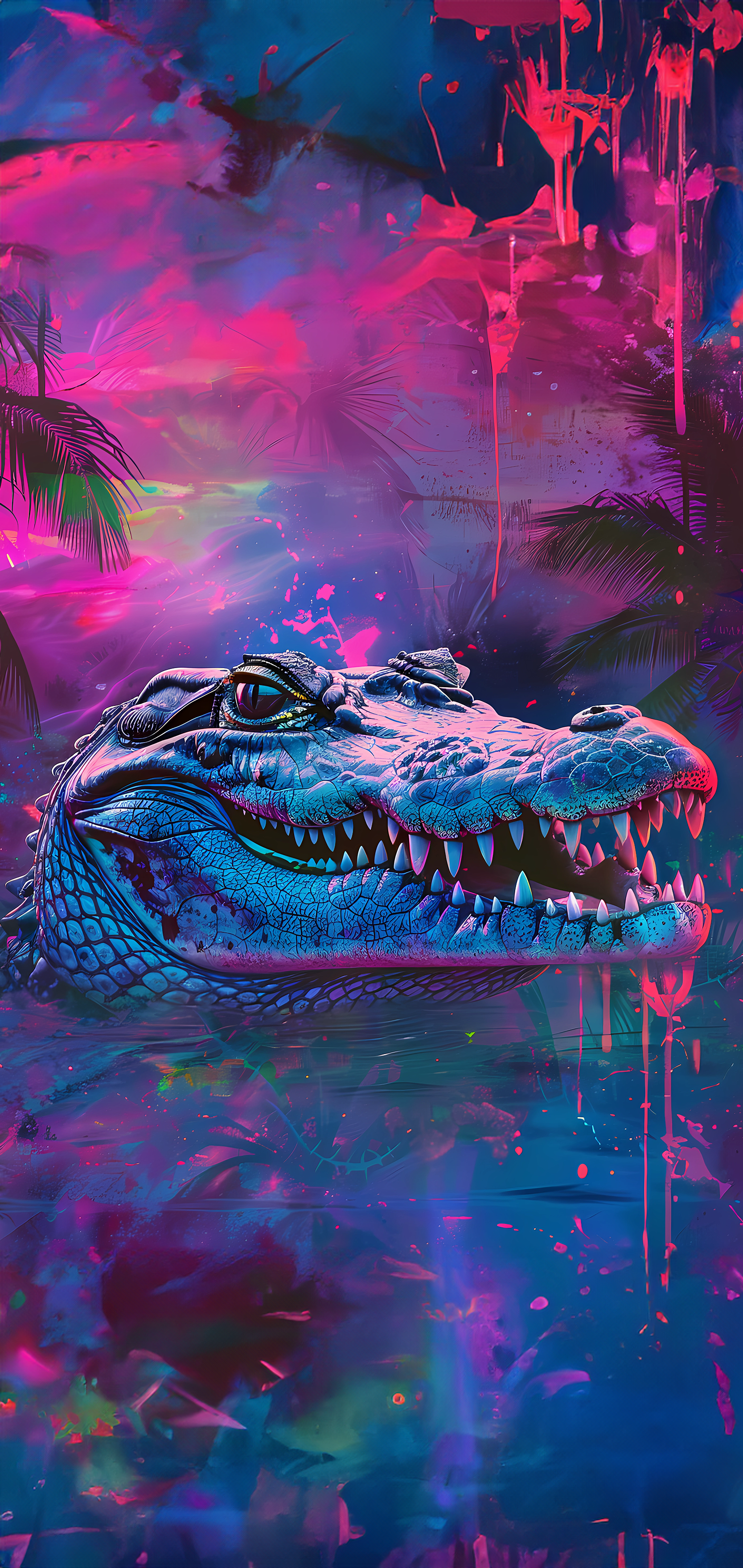Illustrative iPhone wallpaper of a crocodile with psychedelic neon colors
reflecting in water, perfect for a bold, jungle-themed backdrop.