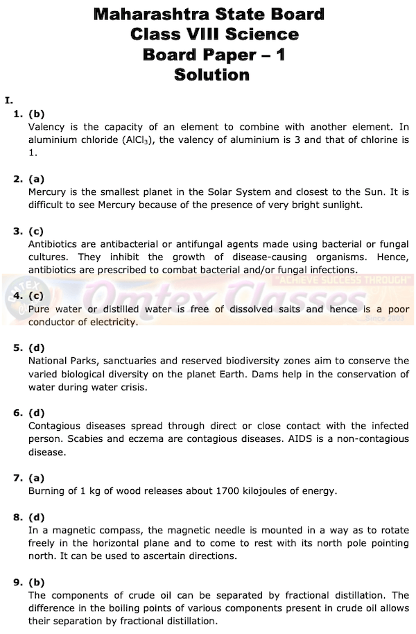 Class 8 Science Board Question Papers.