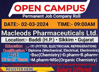 ITI, Diploma and Graduates Jobs Campus Placement Drive for Macleods Pharma Sikkim, Gujarat, and Baddi at Satpuda ITI Rewa, Madhya Pradesh