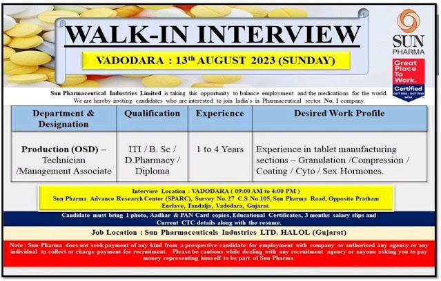 Sun Pharma Walk In Interview For Production Department