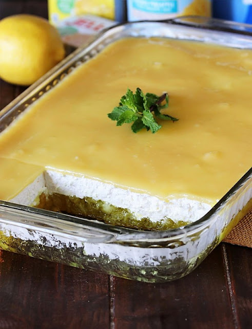 Pineapple Jello Salad in Pan Cut to Show Layers Image