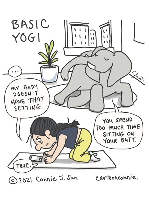 Sketchbook cartoon about trying to do yoga at home while out of shape, elephant comic strip, illustration by Connie Sun, cartoonconnie