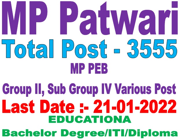 Madhya Pradesh MPESB / PEB Patwari, Group 2 Sub Group 4 Various Post Recruitment 2022 Apply Online for 3555 Post