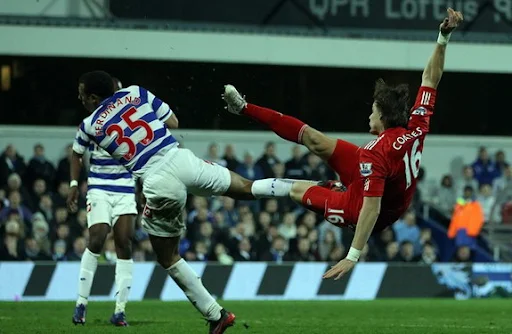 Liverpool player Sebastián Coates scores with a brilliant scissor kick against QPR