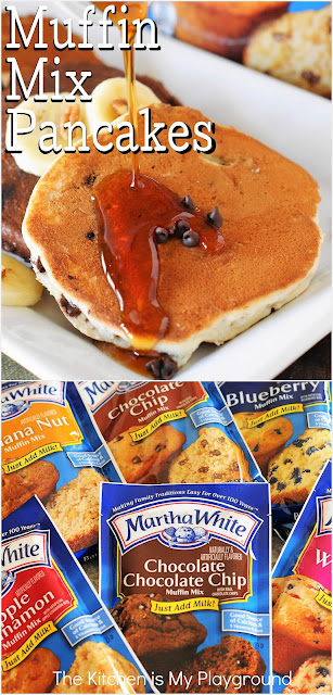 Muffin Mix Pancakes ~ See how to easily make delicious flavored pancakes in a seemingly endless variety of flavors using packaged muffin mix! So easy, and so good.  www.thekitchenismyplayground.com